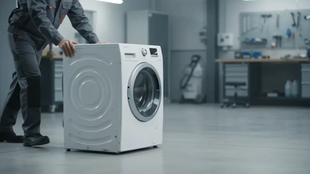 Atölyede yenilenen bir çamaşır makinesi, tezgâhın önünde